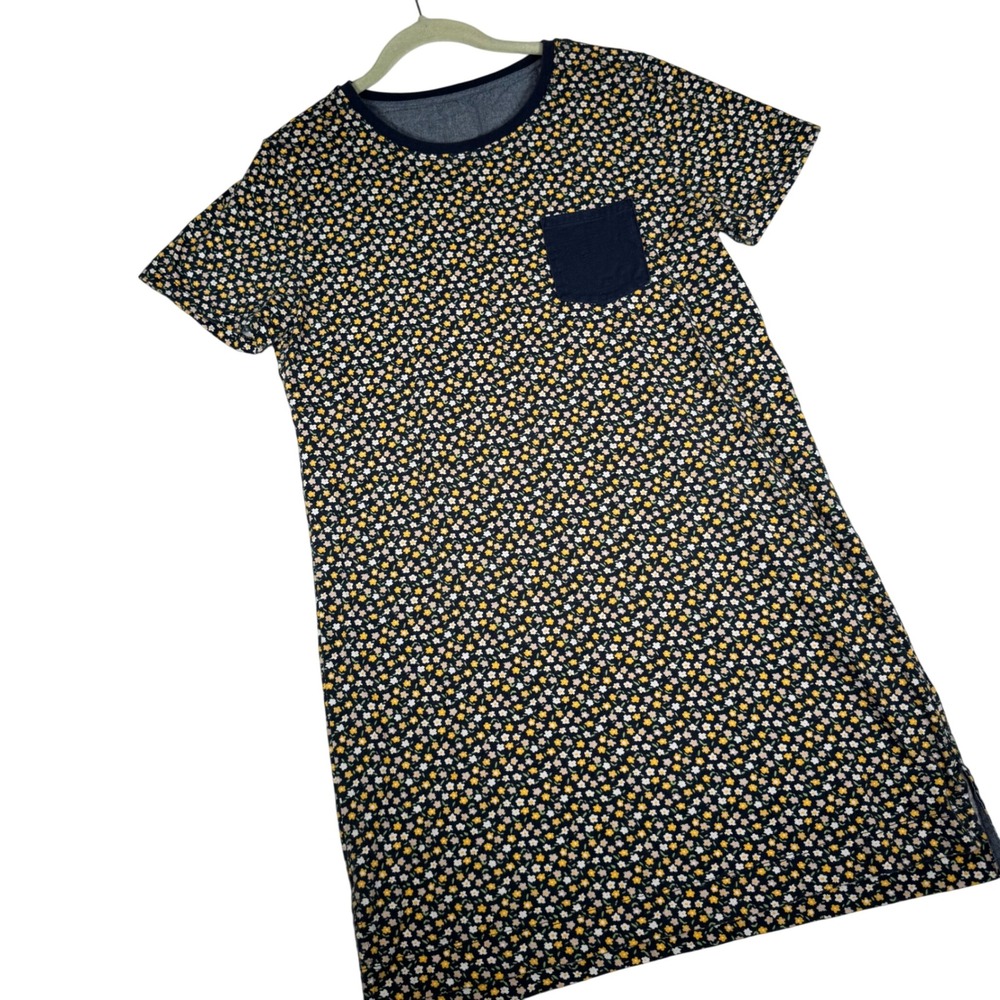 L.L. Bean Womens T Shirt Dress Navy Floral Print Short‎ Sleeve Pocket Cotton M